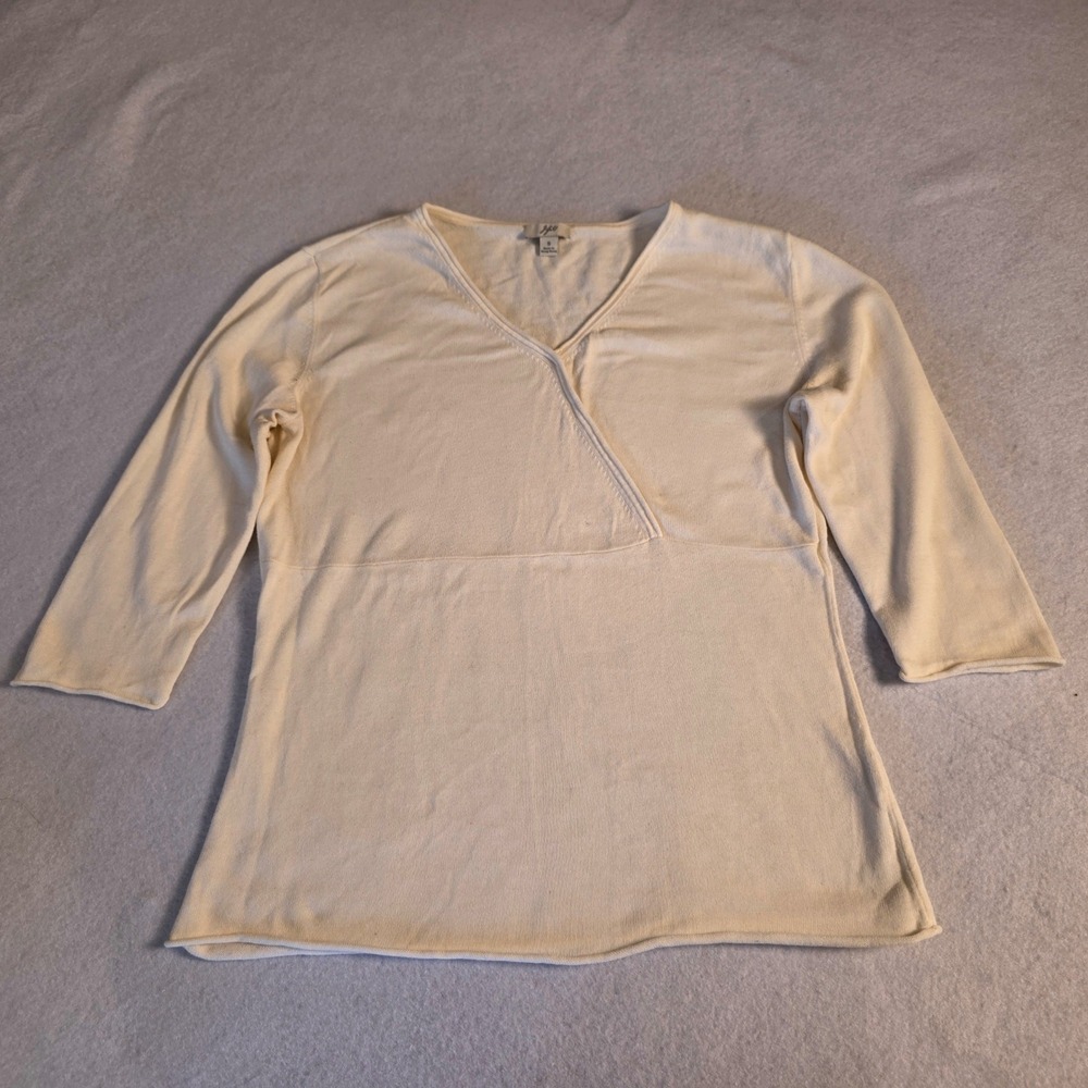 J. Jill Womens Cream Cotton Faux Wrap V-Neck 3/4 Sleeve Knit Top Sweater Small